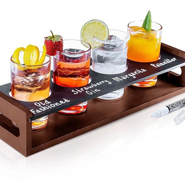 Ksestor Flight Board with Flight Glasses - Drink Flight Board for Bartesian Capsules - Mimosa Flight Board with Glasses - Bartender Accessories - Hosting Essentials