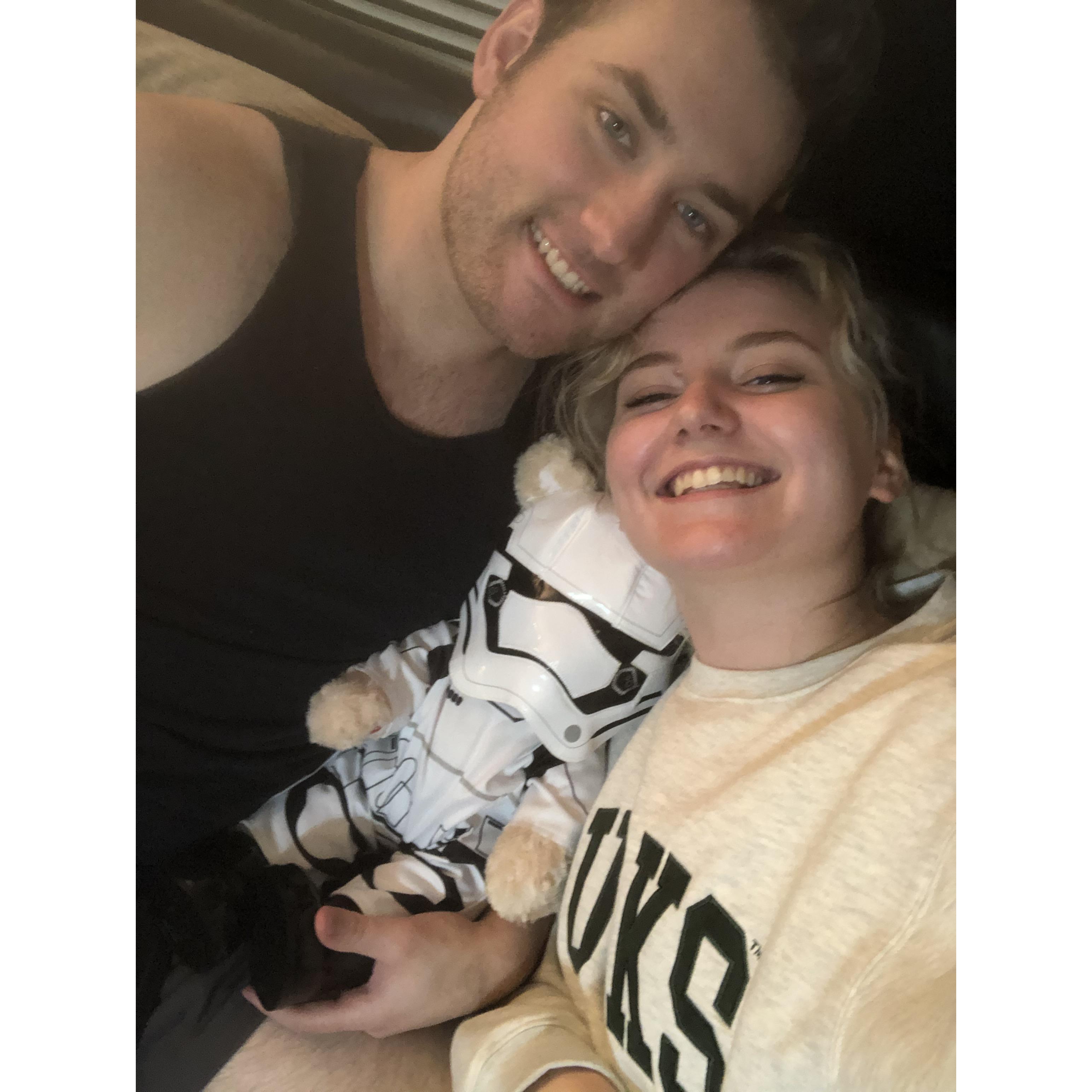 On our 3-month anniversary we went to Build-a-Bear, he found a storm trooper outfit...