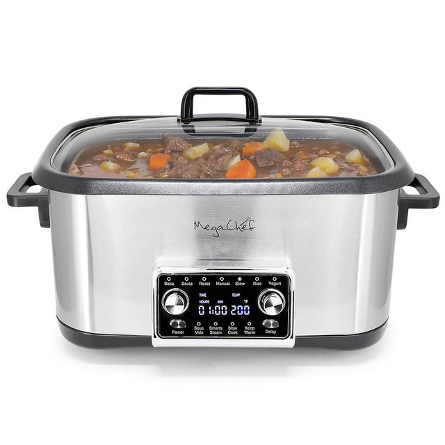 MegaChef Deluxe 8 Quart 12-in-1 Programmable Multi Cooker with Sous Vide and Multi-Functions, Digital Display, Adjustable Temperature & Time, Removable Pot, Tempered Glass Lid