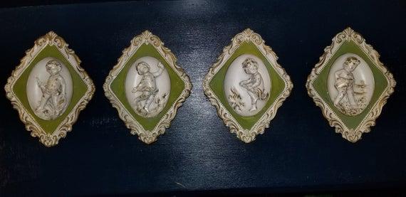 Vintage Ardco Dallas Cherub Green, Gold & White Wall Hanging Plaques Set of 4