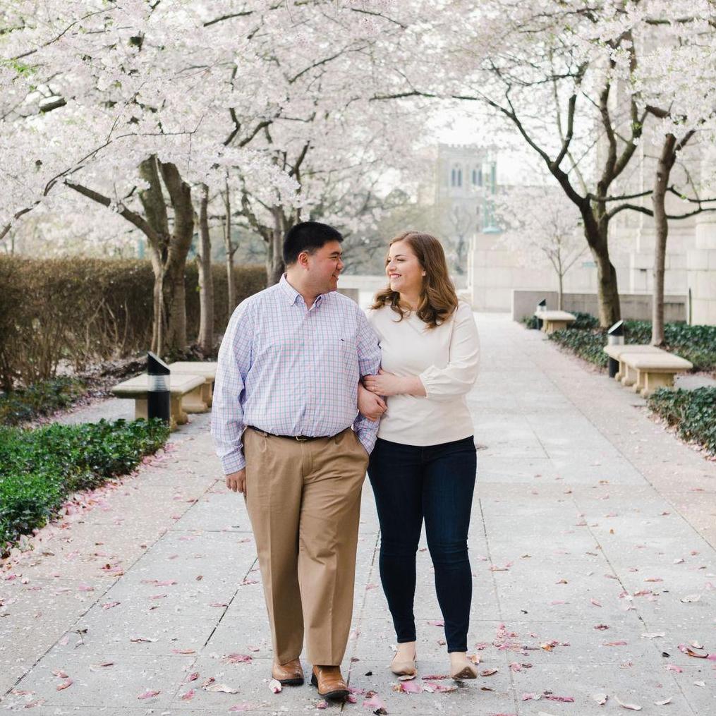 Cherry blossom engagement pictures at the Basilica of the National Shrine of the Immaculate Conception, March 2020. (Kate Grace Photography)