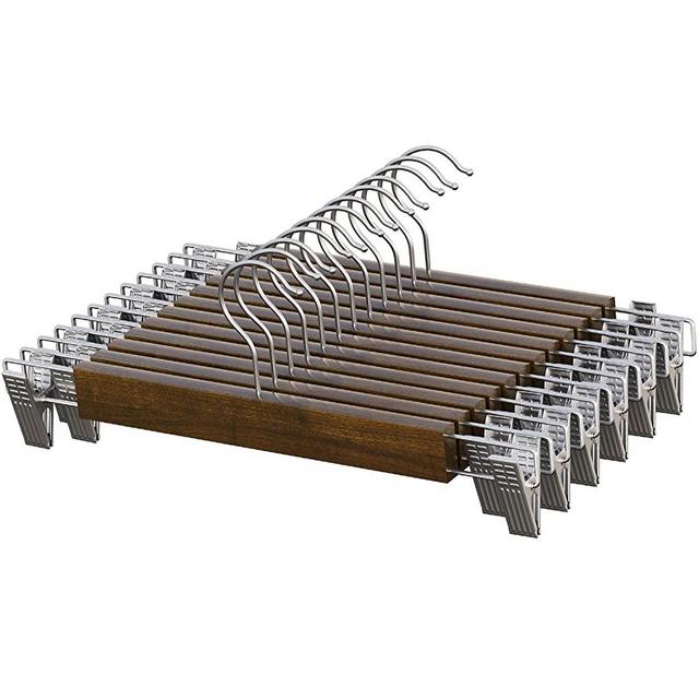 SONGMICS Wooden Pants Hangers 12 Pack, Pants Hangers with Clips, Adjustable Anti-Rust Metal Clips, 360° Swivel Hook, Skirt Hangers for Pant, Skirts, Slacks, Dark Walnut Color UCRW008V12