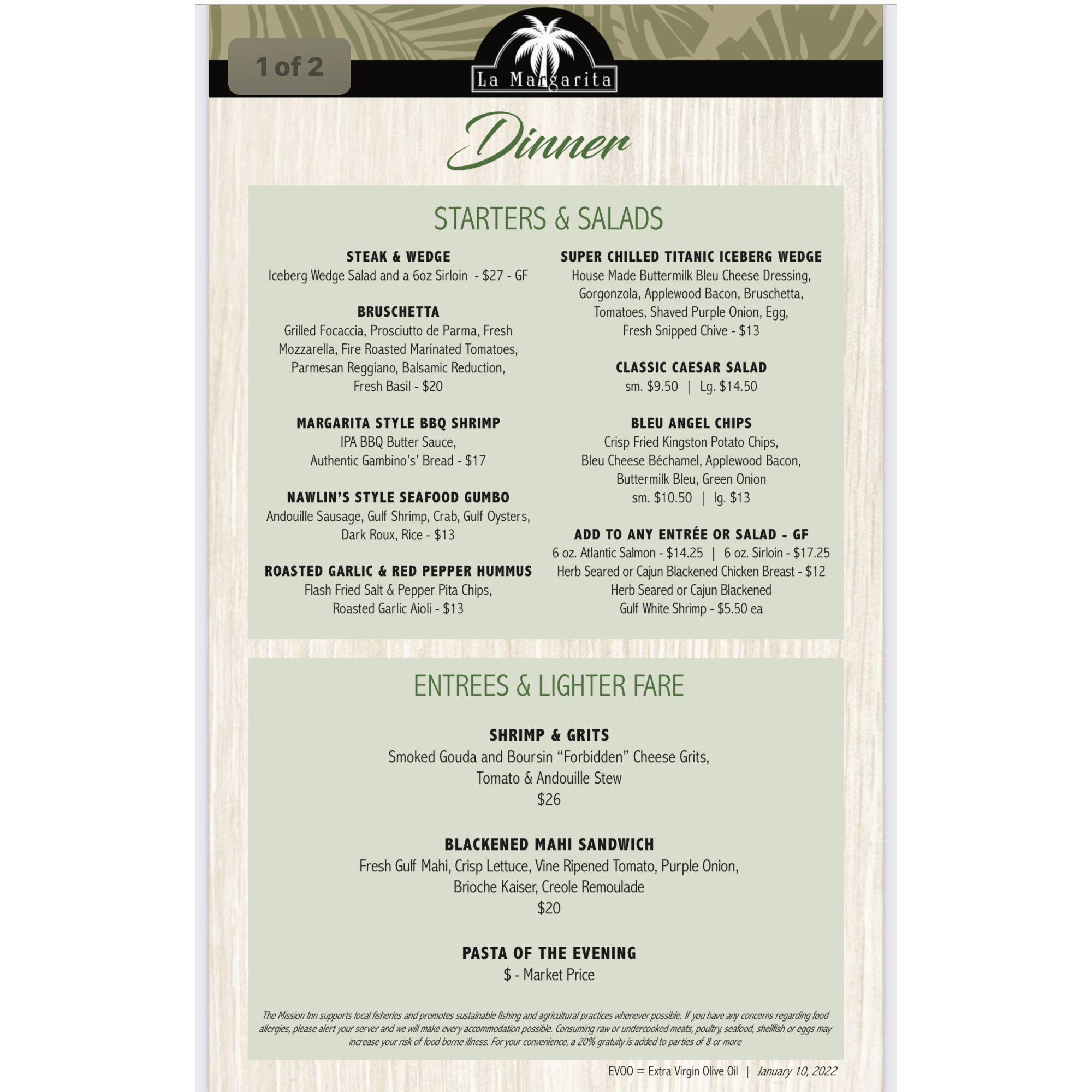 La Margarita dinner menu page 1