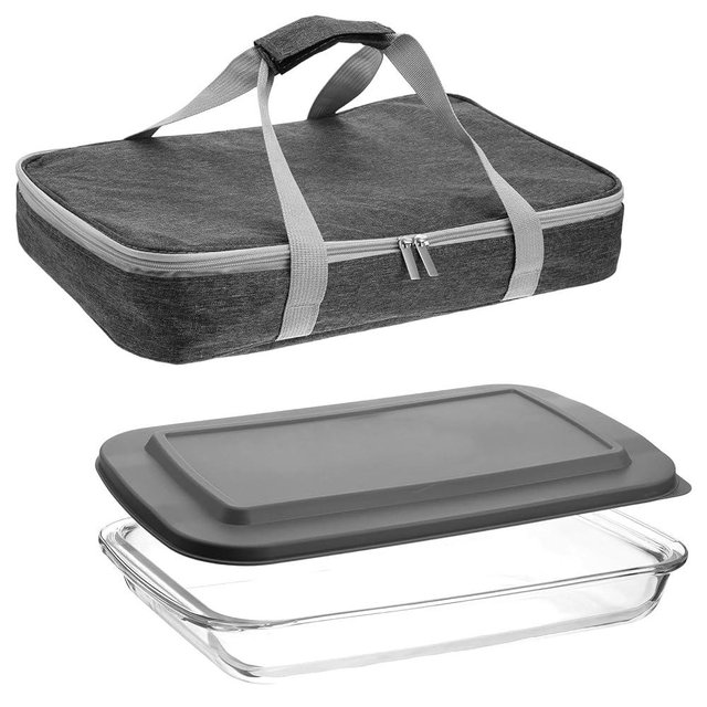 Glass Baking Dish with Lid 9 x 15 Inch Glass Casserole Dish with Carrier Insulated Casserole Bag for Oven Potluck Party Picnic Cookouts