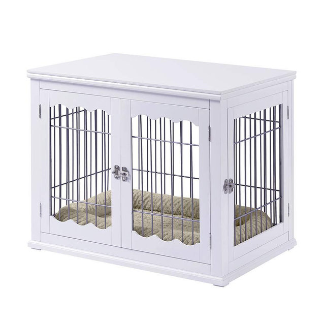 unipaws Furniture Style Dog Crate End Table with Cushion, Wooden Wire Pet Kennels with Double Doors, Medium and Large Dog House Indoor Use, Chew-Proof