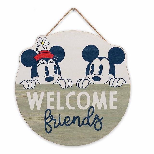 Open Road Brands Disney Mickey Mouse and Minnie Welcome Friends Round Hanging Wood Wall Decor - Cute Mickey Mouse Sign for Home Decorating