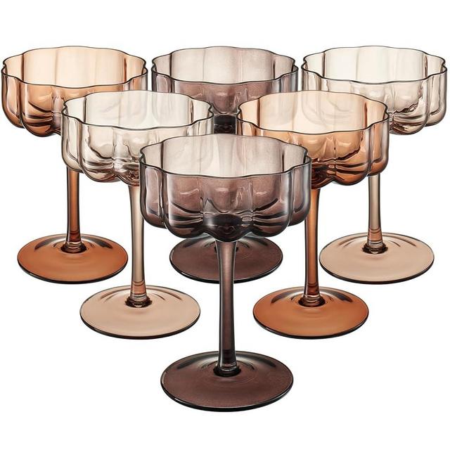 Venus Flower Vintage Wavy Glass Coupes Martini, Champagne & Cocktail Coupe Glasses - Gift Box Gifts Women Mom Wife Sisters & Grandmother, Weddings - Set of 6 - Brown & Amber Venus Colors 7oz Colorful