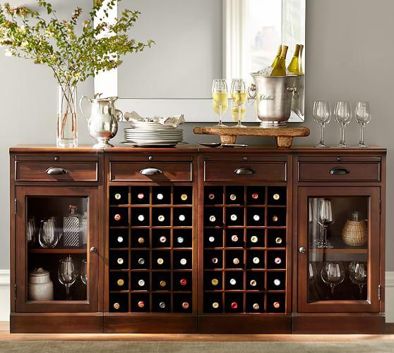 Modular Bar Buffet with 2 Wine Grid Bases & 2 Glass Door Cabinets