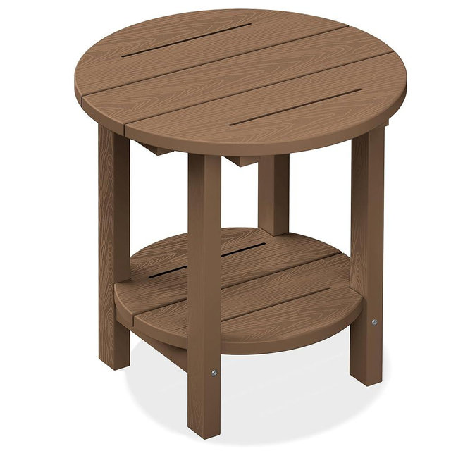 SERWALL Round Adirondack Side Table, 16.5" Double Outdoor Side Table, HDPE Small End Tables for Backyard Pool Porch Garden Lawn, Brown