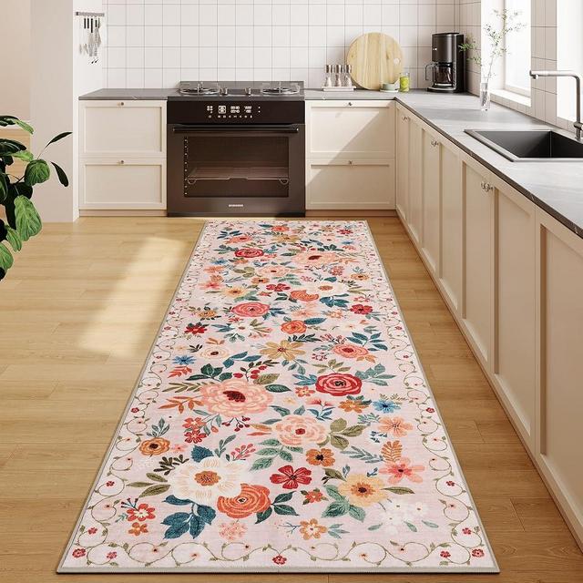 DUKINO Runner Rug, 2x6 Kitchen Runner Rug for Hallway, Washable Runner Rug with Non Slip Backing, Low Pile Soft Boho Floral Carpet Runner Rug for Kitchen, Hallway, Entryway, Laundry, Bedroom, Beige