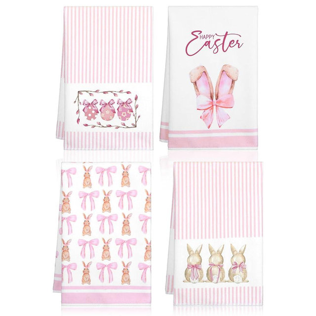 Macarrie 4 Pcs Watercolor Easter Kitchen Towels,Easter Egg Coquette Bunny Rabbit Dish Towel,17x26 Inch Bathroom Hand Towel,Absorbent Spring Tea Towel for Kitchen Bath Decor (Pink,Stripe Bow)