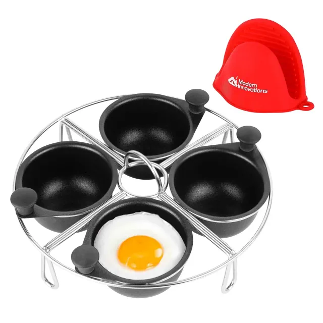 Modern Innovations Stainless Steel 4 Cup Egg Poacher Tray with Silicone Mitt Egg Poacher Insert Compatible with Most Pans