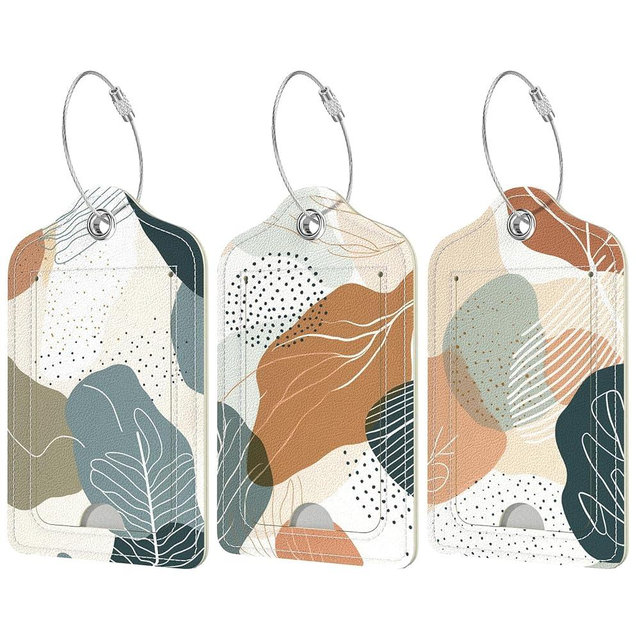 Rimilak 3 Pcs PU Leather Luggage Tags for Suitcase, Travel Cruise Luggage Tag with Privacy Flap, Name ID Label and Metal Loop for Women Men Baggage Handbag School Bag Backpack, White Leaves