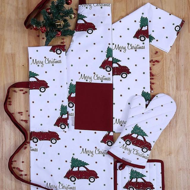 Set of Apron, Oven Mitt, Pot Holder, Pair of Kitchen Towels in a Unique Merry Christmas Design, Made of 100% Cotton, Eco-Friendly & Safe, Value Pack and Ideal Gift Set,Kitchen Linen Set By CASA DECORS