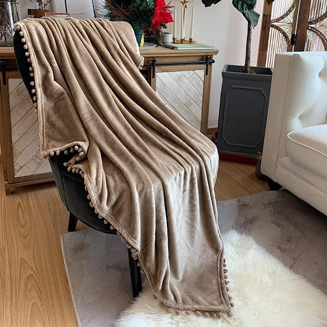 LOMAO Flannel Blanket with Pompom Fringe Lightweight Cozy Bed Blanket Soft Throw Blanket fit Couch Sofa Suitable for All Season (51x63) (Khaki)