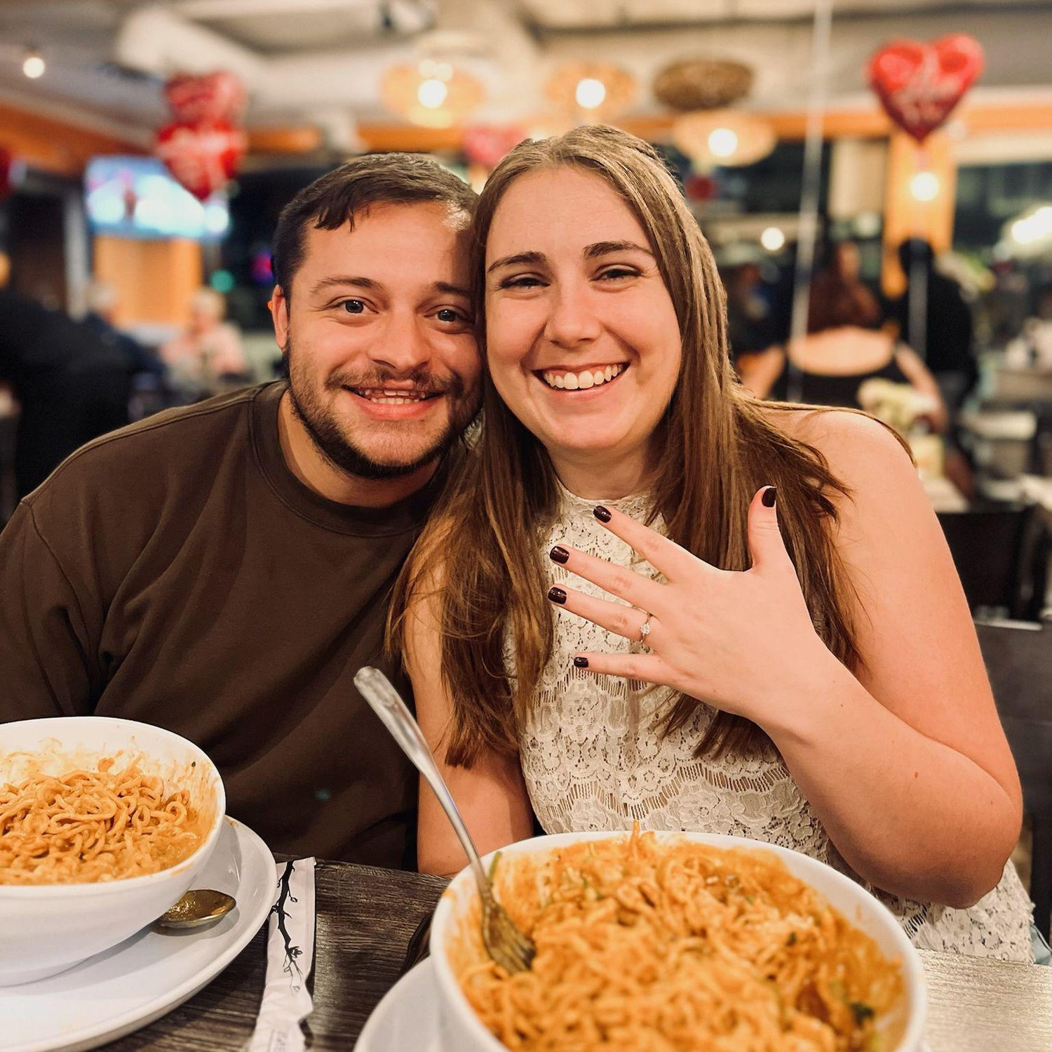 Eating at our favorite Thai restaurant after we got engaged!