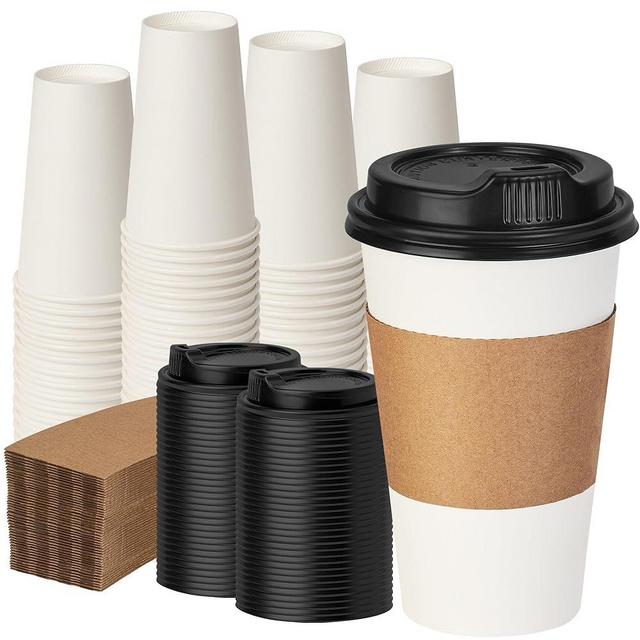 VPACKDUO 16 oz 100 Pack Coffee Cups with Lids and Sleeves, Hot Paper Coffee Cups with Lids, Disposable To Go Cups with Lid for Coffee, Tea, Hot Chocolate, Ideal for Cafes, Offices and Travel
