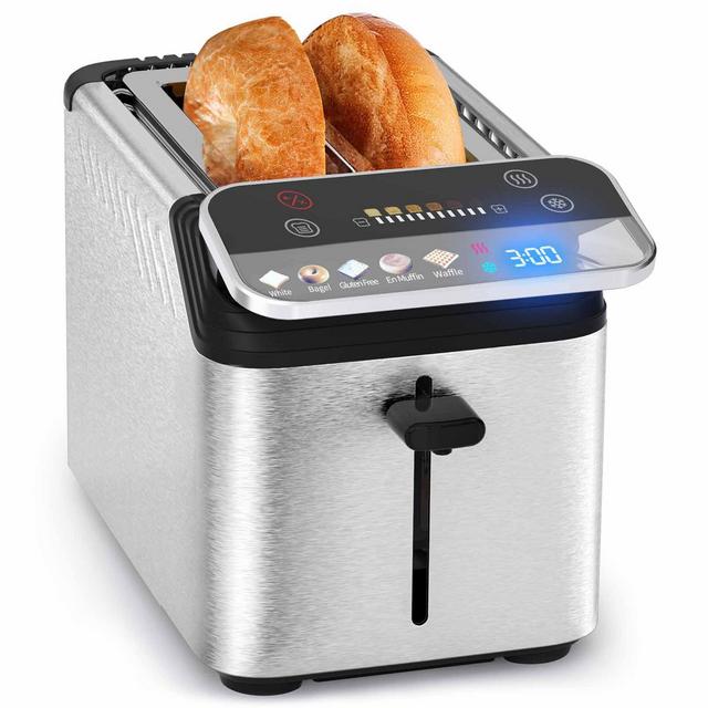 Whall® Stainless Steel Smart Toaster, 2 Slice | Projection Touchscreen, 1.5" Extra-Wide Slots, Digital Timer, Reheat & Defrost, Removable Crumb Tray