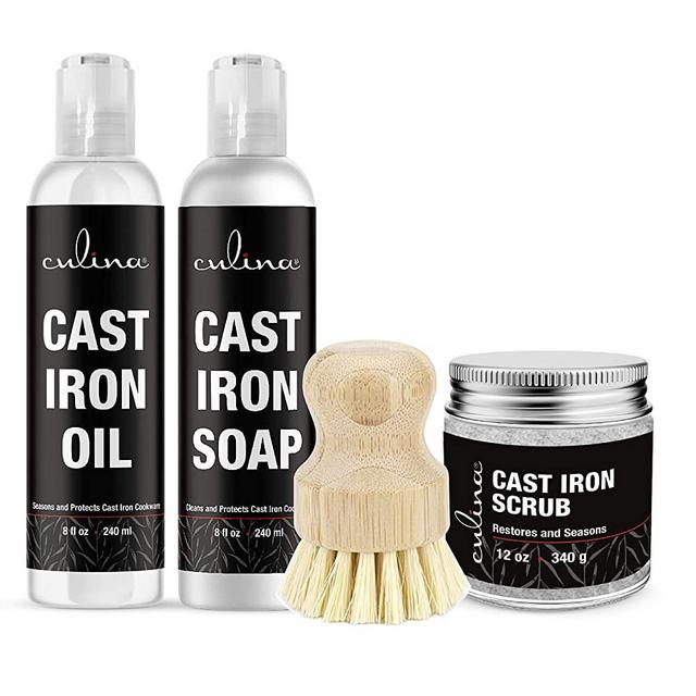 Culina Cast Iron Soap & Conditioning Oil & scrubbing salt & brush | All Natural Ingredients | Best for Cleaning, Non-stick Cooking & Restoring | for Cast Iron Cookware, Skillets