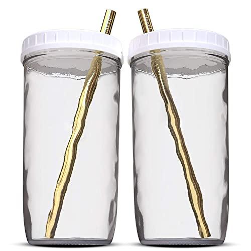 Reusable Boba Bubble Tea & Smoothie Cups - 2 Wide Mouth Smooth-Sided Jars 24oz with Leak Proof Lids - 2 Reusable Gold Stainless Steel Boba Straws