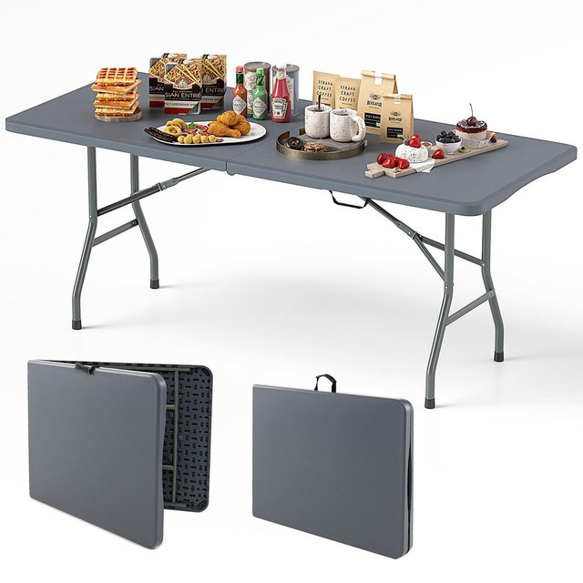 Costway 6 ft Portable Folding Table w/HDPE Tabletop Safe Lock Mechanism Carrying Handle Gray