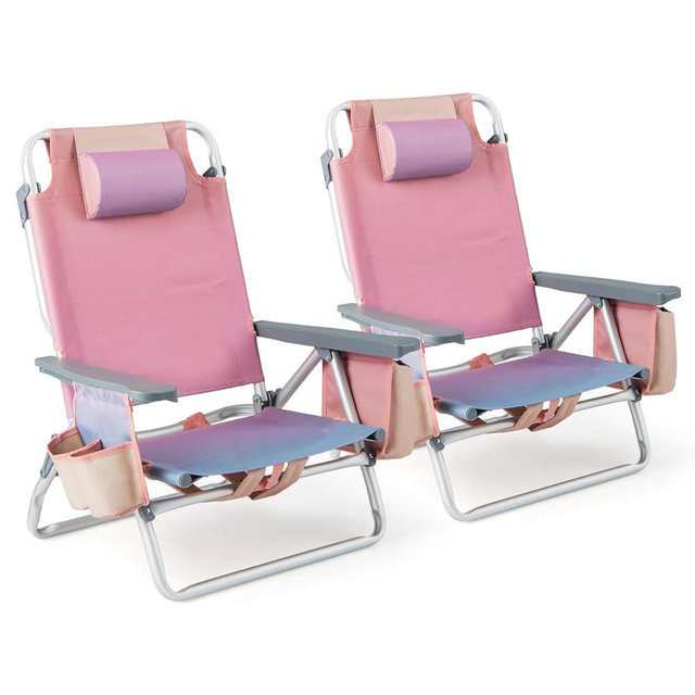 GYMAX Beach Chairs, 2-Pack Backpack Camping Chair with Armrest, Cooler Bag, Cup Holder, Towel Bar & Side Pockets, Sunbath Sling Tanning Lounge, Folding Layout Chairs (Pink, Without Table)