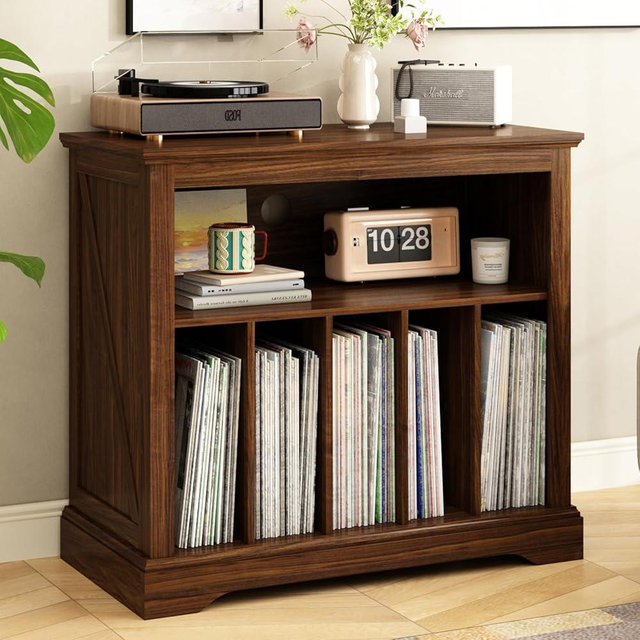 RowyPoey Large Farmhouse Record Player Stand, Turntable Stand with Vinyl Storage, Wood Record Holder Storage Cabinet Dispaly Shelf for Living Room, Bedroom, Office, Brown