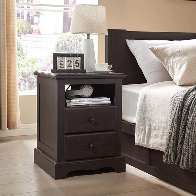 T4TREAM Nightstand with Charging Station, End Table, Side Table with 2 Drawers Storage Cabinet & Open Shelf for Bedroom, Living Room, Vintage Design, Wood Rustic, Espresso