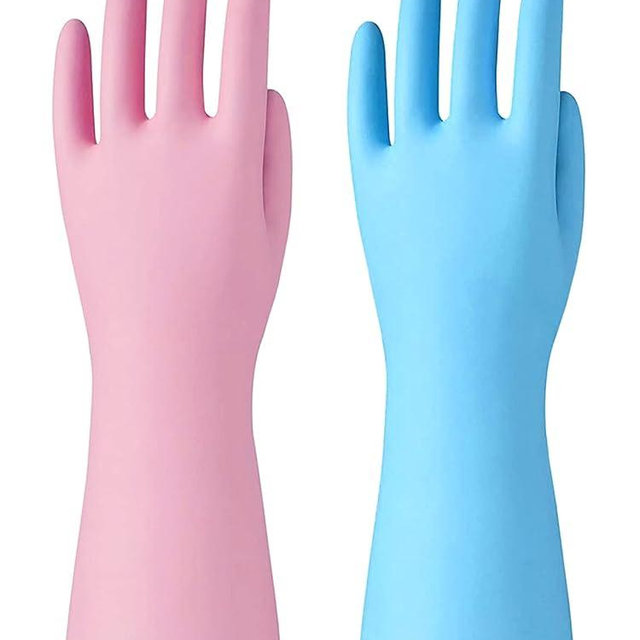 Bamllum Rubber- Cleaning Gloves - 2 Pairs Latex Free Kitchen Cleaning Gloves with Cotton Liner- Household Dishwashing Gloves, Non- Slip Waterproof (Medium, Blue+Pink)