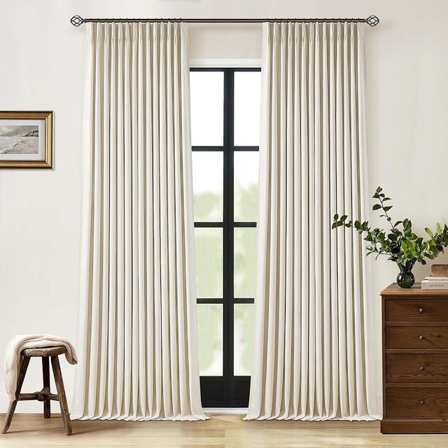 TWODRAPES Pleated Blackout Linen Curtains 108 Inches Long for Living Room Patio Sliding Door Pinch Pleat Rings Hooks Back Tab 100% Black Out Bedroom Beige Curtains Boho Modern Window Panels Set of 2