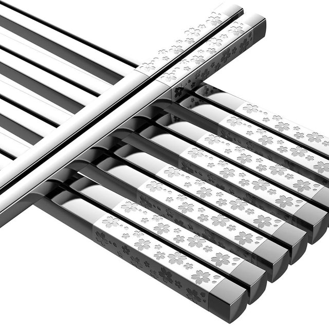 FOFAYU 5 Pairs Metal Chopsticks Reusable 18/8 stainless steel Chopsticks Japanese Style Dishwasher Safe Lightweight Non-Slip Chop Sticks 9 1/4 Inches Present Set