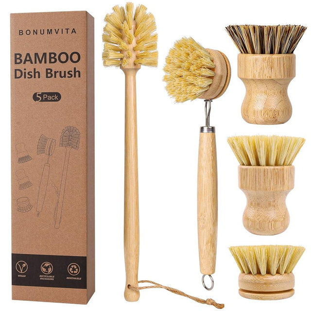 BONUMVITA 5 Pack Bamboo Dish Brush Set, Wooden Dish Brush with 14’’ Bottle Brush, Natural Kitchen Scrub Brush for Dishes Pots, Pans, Sinks, Woks, Vegetables