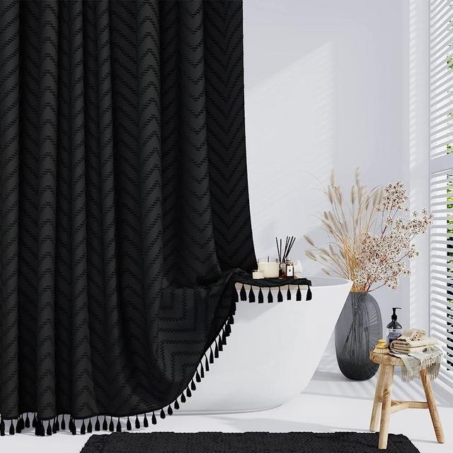 Dynamene Boho Farmhouse Shower Curtain, Black Fabric Tufted Chevron Striped Textured Tassel Shower Curtains for Bathroom, Water Repellent, Minimalist Ruffled Cloth Shower Curtain Set with Hook, 72x72