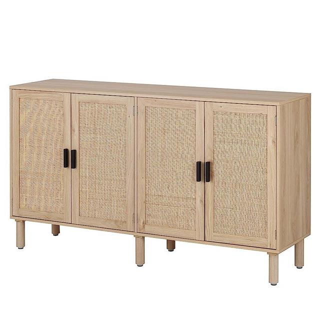 Finnhomy 4 Door Sideboard Buffet Cabinet, Kitchen Storage Cabinet with Rattan Decorated Doors, Liquor Cabinet, Cupboard Console Table, Accent Cabinet, Rattan TV Stand 62.3X 15.7X 34.6 Inches, Natural