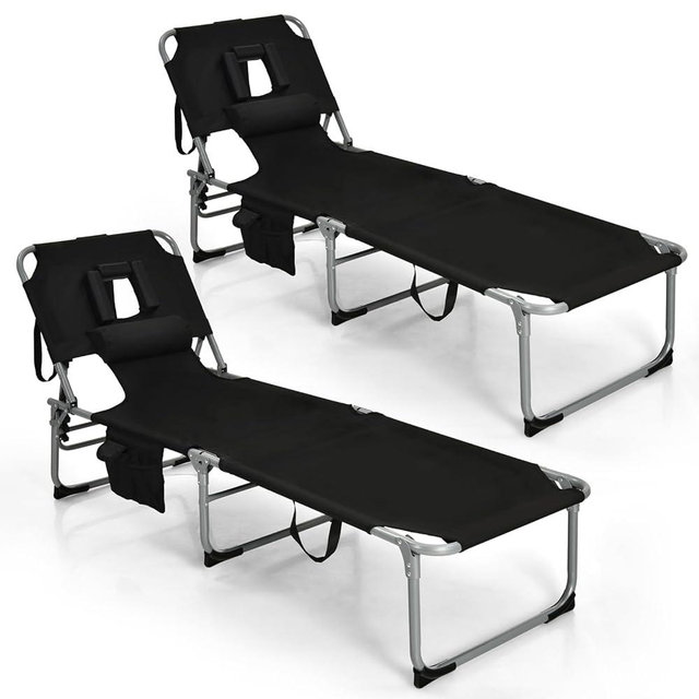 Goplus Tanning Chair, Folding Adjustable Patio Lounge Chair with Face Hole, Removable Pillow, 330LBS, Carry Strap, Outdoor Sunbathing Chair, Lightweight Portable Beach Lounge Chair (2, Black)