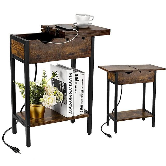 Narrow Side Table with Flip Top | Charging Station (USB-C & USB) | End Table with Storage Shelf, USB Ports & Power Outlets for Small Spaces, Bedside Tables for Living Room, Bedroom(Brown)