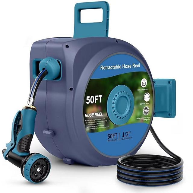 Retractable Garden Hose Reel, Wall-Mounted Hose Reel 1/2 in x 50 ft, Slow Retraction System, Any Length Lock, 180°Swivel Water Hose Reel with 10 Function Nozzle