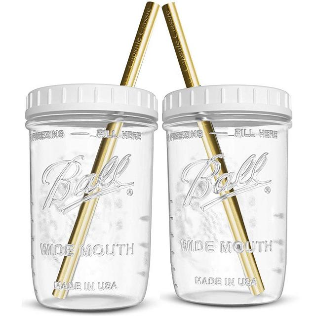 Reusable Wide Mouth Smoothie Cups Boba Tea Cups Bubble Tea Cups with Lids and Gold Straws Ball Mason Jars Glass Cups (2-pack, 16 oz mason jars) Brand Capsule Classic