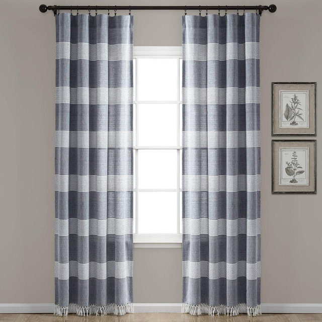 Set of 2 84"x40" Farmhouse Tucker Stripe Yarn Dyed Cotton Knotted Tassel Light Filtering Window Curtain Panels Navy/White - Lush Décor