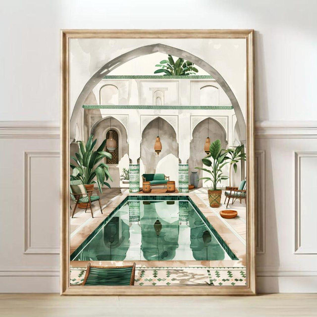 Morocco Print Morocco Illustration Moroccan Riad Print Swimming Pool Illustration Riad Gouache Morocco Watercolor Pool | DIGITAL DOWNLOAD