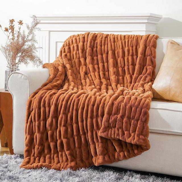 BATTILO HOME Orange Faux Fur Throw Blanket, Double Side Ruched Reversible Rabbit Fur Blanket for Bed, Couch, Cozy Soft Mink Blanket, Fall Decor, 50x60 Inches