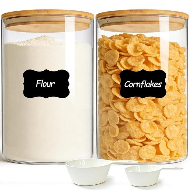 ComSaf 2Pcs Large Glass Storage Containers with Lids 4Qt, 1 Gallon Wide Mouth Flour Sugar Storage Containers, Large Capacity and Sealed for Rice, Cereal, Oat, Easy Clean and Scoop, Pantry Organization