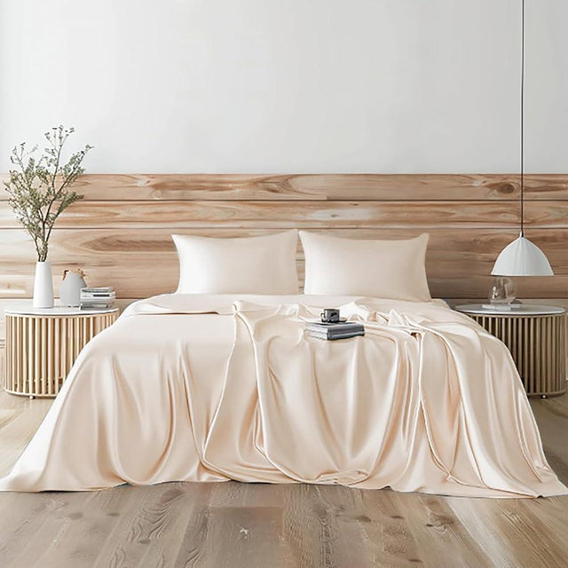 Candoury Satin Sheets Bed Set 6 Pcs, Queen Size Silky Bedding Set, Soft and Durable Pillowcase, Flat Sheet and Fitted Sheet, Hotel Luxury Bed Sheets Set (Queen, Beige)