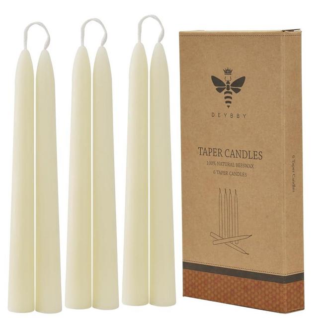 Natural White Beeswax Taper Candles, DEYBBY Smokeless and Dripless Beeswax Candles, Long Lasting Burning,8 inch, 6 Pack