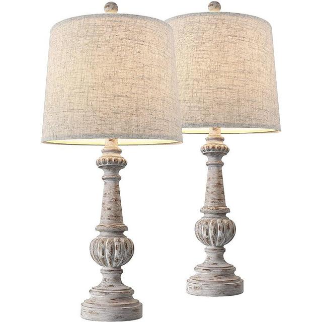 PORTRES 24.5'' Traditional Table Lamp Set of 2 for Living Room Linen Fabric Lampshade Bedside Nightstand Lamps for Bedroom Kids Room Study Room Office Rustic Table Lamps Resin