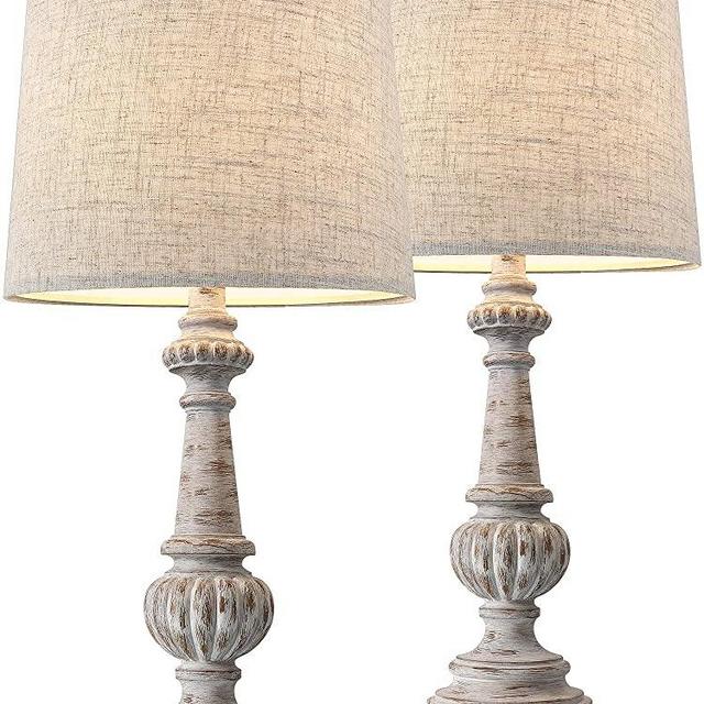 PORTRES 24.5'' Traditional Table Lamp Set of 2 for Living Room Linen Fabric Lampshade Bedside Nightstand Lamps for Bedroom Kids Room Study Room Office Rustic Table Lamps Resin