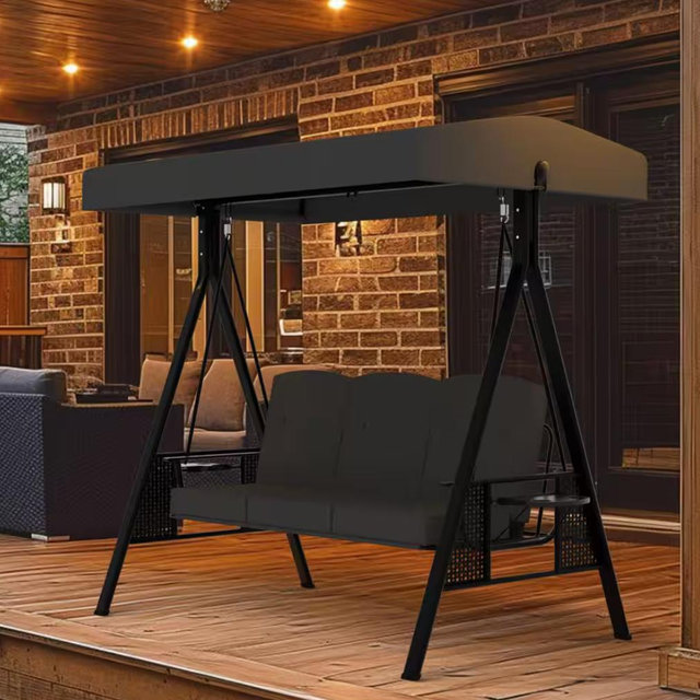 3-Seat Outdoor Metal Porch Swing with Stand, Cushions, and Canopy, Dark Grey