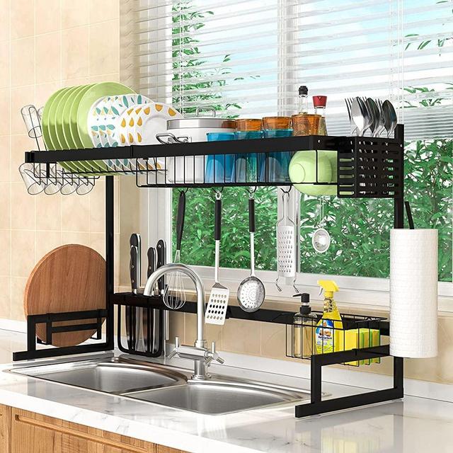 Over The Sink Dish Drying Rack Adjustable(21.7"-39.4"), 2 Tier Stainless Steel Large Dish Drainer, Dish Rack Over Sink for Kitchen Counter Organization Storage Space Saver with Utensils Holders