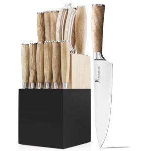 Ultra Sharp 15-Piece Kitchen Knife Set, High Carbon Stainless Steel Blades, Torrefied Natural Wood Handles, Ergonomic Design, Space-Saving Black-Finished Wood Block, Easy Hand Wash, Gift Box