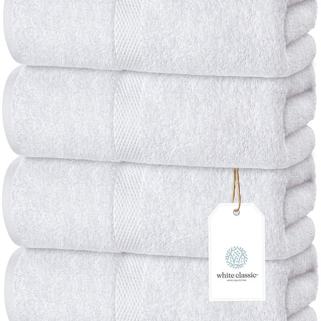 White Classic Luxury Bath Towels Large | 600 GSM Cotton Absorbent Hotel Bathroom Towel | 27x54 Inch | 4 Pack | White